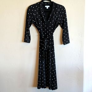 Black & White Polka-Dot Wrap Dress with Long Sleeves